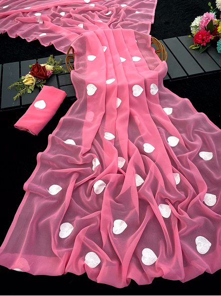 Georgette Embroidery Heart Work Saree-Heart_Pink