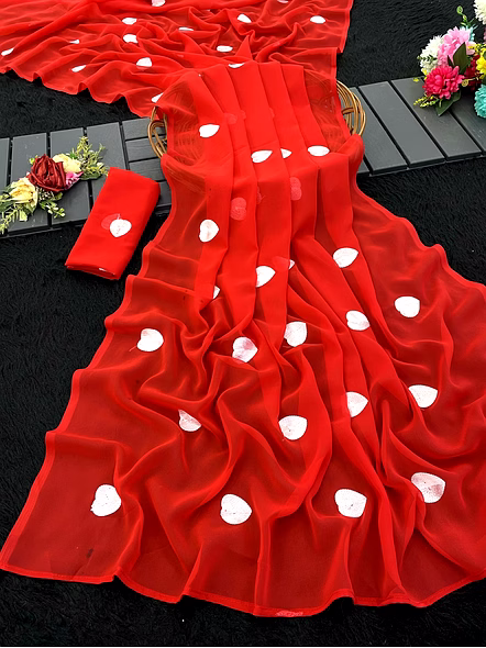 Georgette Embroidery Heart Work Saree-Heart_Red