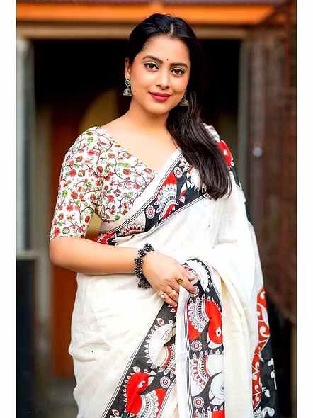 Kalamkari Digital Print Linen Saree