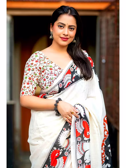 Kalamkari Digital Print Linen Saree-White