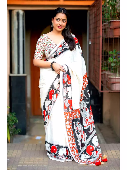 Kalamkari Digital Print Linen Saree-White-2