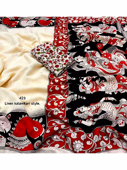Kalamkari Digital Print Linen Saree-White-4