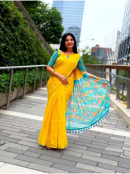 Kalamkari Digital Print Linen Saree-Kalamkari_Yellow