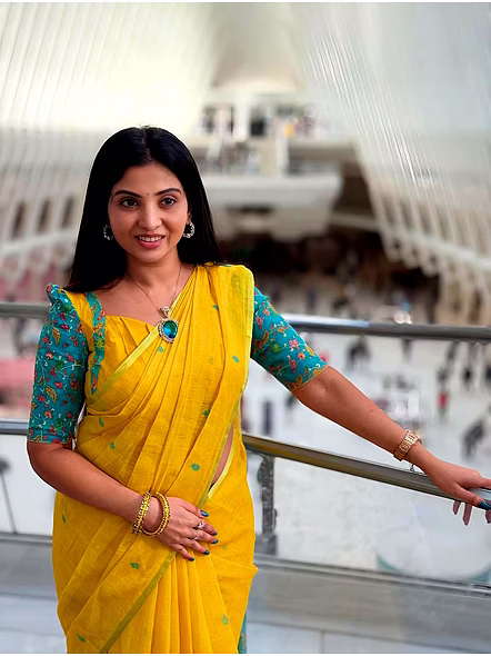 Kalamkari Digital Print Linen Saree-Yellow-2