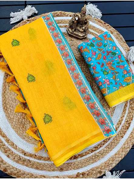Kalamkari Digital Print Linen Saree-Yellow-3