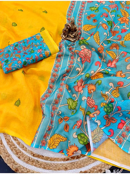 Kalamkari Digital Print Linen Saree-Yellow-4