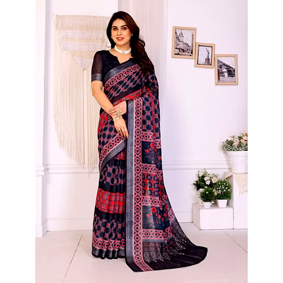 shiv digital print linen cotton zari border saree