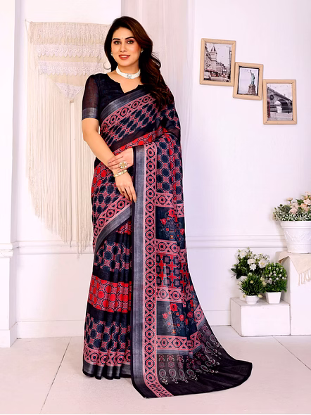 Digital Print Linen Cotton Zari Border Saree