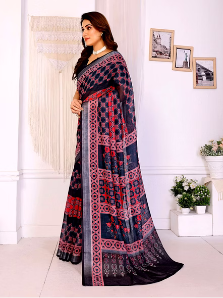 Digital Print Linen Cotton Zari Border Saree-Black