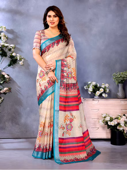 Digital Print Linen Cotton Zari Border Saree