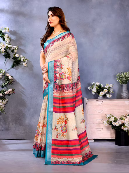 Digital Print Linen Cotton Zari Border Saree-Cream