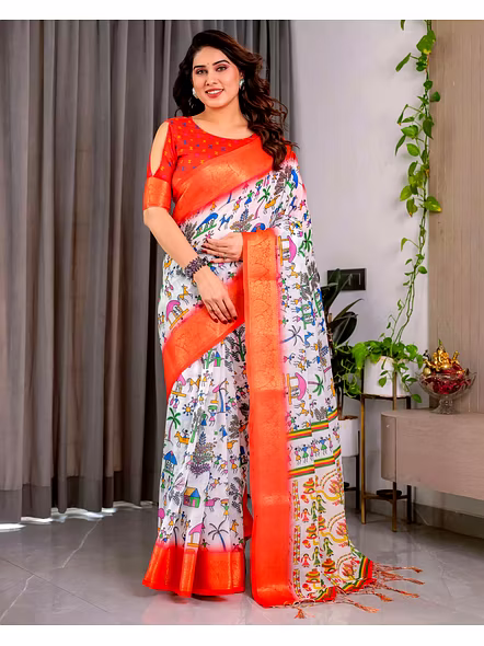 Pure Handloom Linen Saree with Digital Prints and Zari Borders