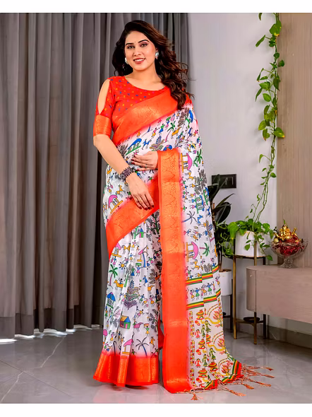 Pure Handloom Linen Saree with Digital Prints and Zari Borders-Peach