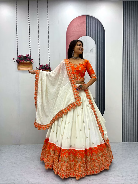 White Chinon Silk Lehenga Choli-White-M-1