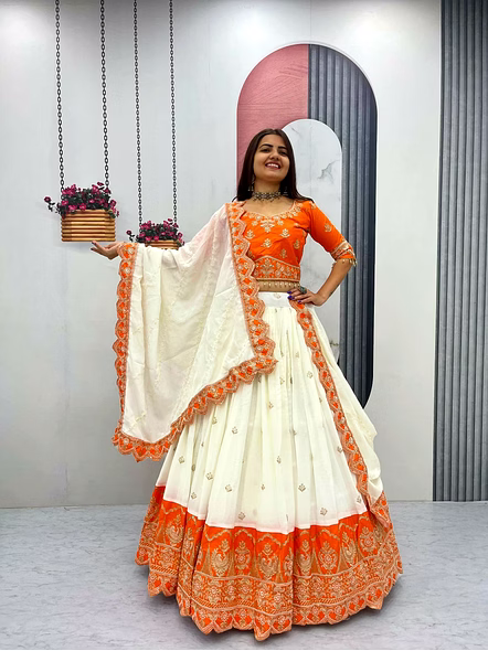 White Chinon Silk Lehenga Choli-White-M-2