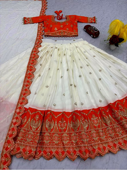 White Chinon Silk Lehenga Choli-White-M-5