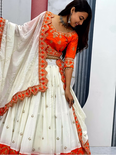 White Chinon Silk Lehenga Choli-White-XL-3