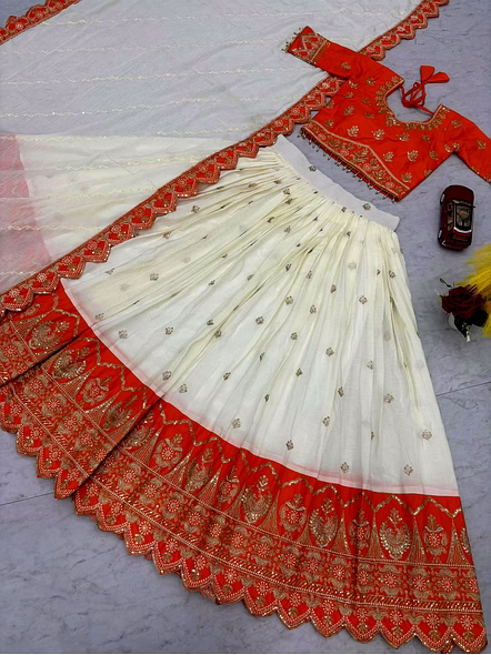 White Chinon Silk Lehenga Choli-White-XL-4