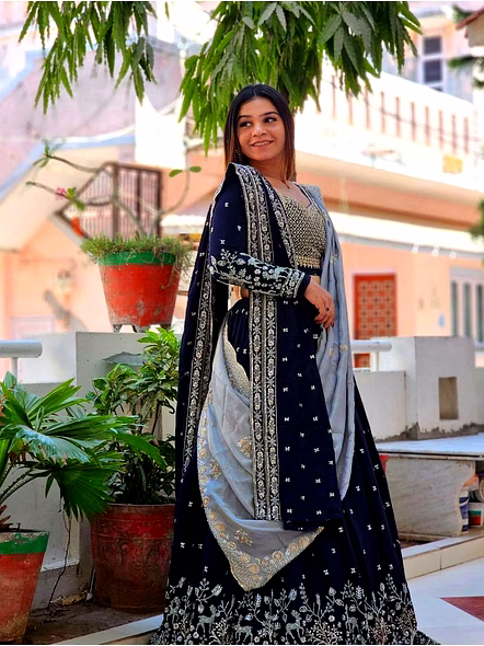 Blue Georgette Lehenga Choli-Blue-M-3