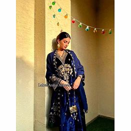 shiv royal blue velvet embroidered anarkali suit with dupatta