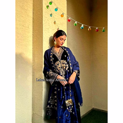 shiv royal blue velvet embroidered anarkali suit with dupatta