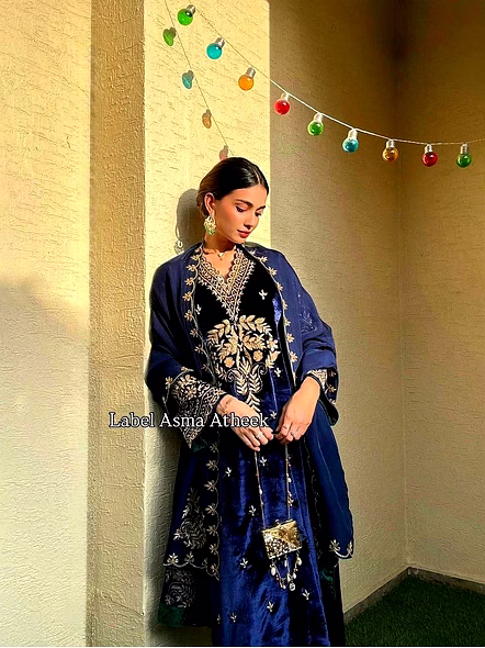 Royal blue velvet Anarkali suit