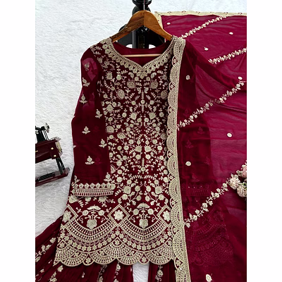 riya tex maroon georgette sharara suit with dupatta