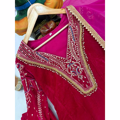shiv pink velvet kurti set with georgette dupatta