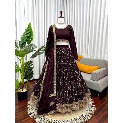 queen brown chinon silk lehenga choli