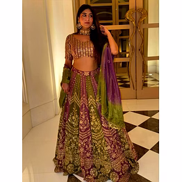 queen olive green and purple georgette lehenga choli with dupatta