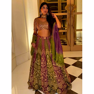 queen olive green and purple georgette lehenga choli with dupatta