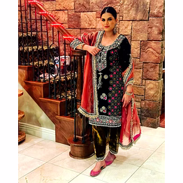 shiv black velvet embroidered top palazzo dupatta set