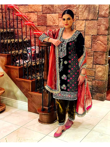 Black Velvet Embroidered Top Palazzo Dupatta Set