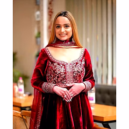 shiv red velvet designer anarkali gown