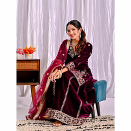 nency tex maroon velvet sharara suit