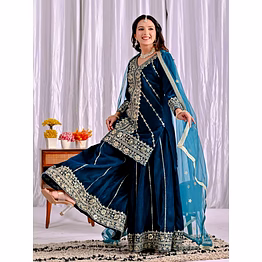 nency tex cyan velvet sharara suit