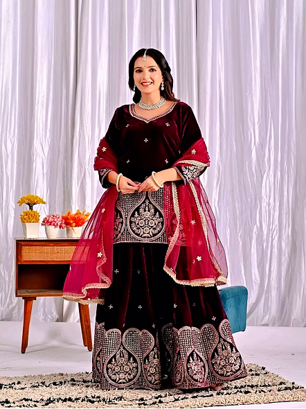 maroon velvet sharara suit