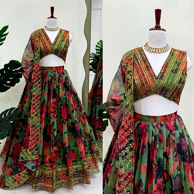 queen tabby organza lehenga set with digital print