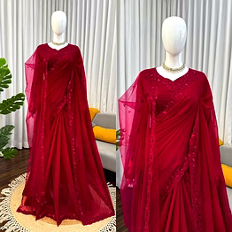 kinjal textiles red georgette saree with intricate sequence work