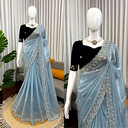 kinjal textiles cyan fendi designer saree with beadwork