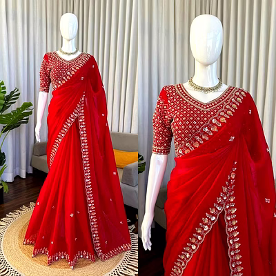 kinjal textiles red fendi designer saree with beads work