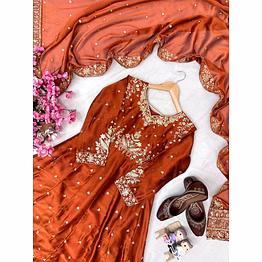 shiv orange rangoli silk gown with sequence work