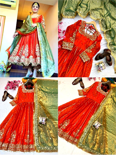 Orange Moss Silk Gown with Sequence Work