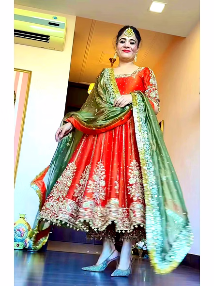 Orange Moss Silk Gown with Sequence Work