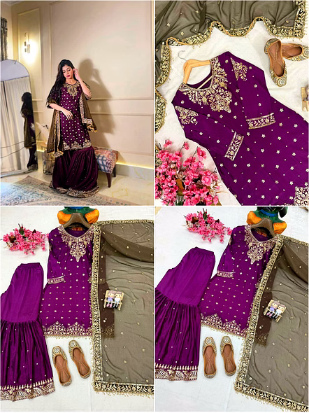 Purple Chinon Silk Kurtis with Sequence Work