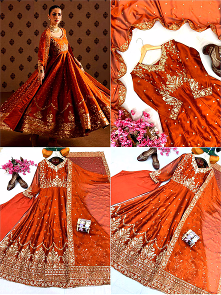 Orange Rangoli Silk Gown with Sequence Work