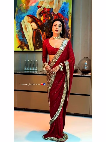 Red Georgette Saree with Mirror Work