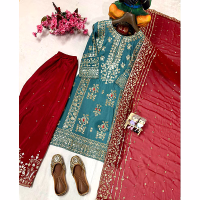 shiv cyan chinon silk kurti with sequence work
