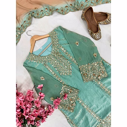 shiv cyan fendi silk kurti with sequence work