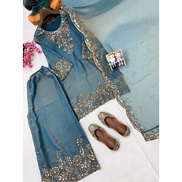 shiv cyan moss silk kurti with sequence work